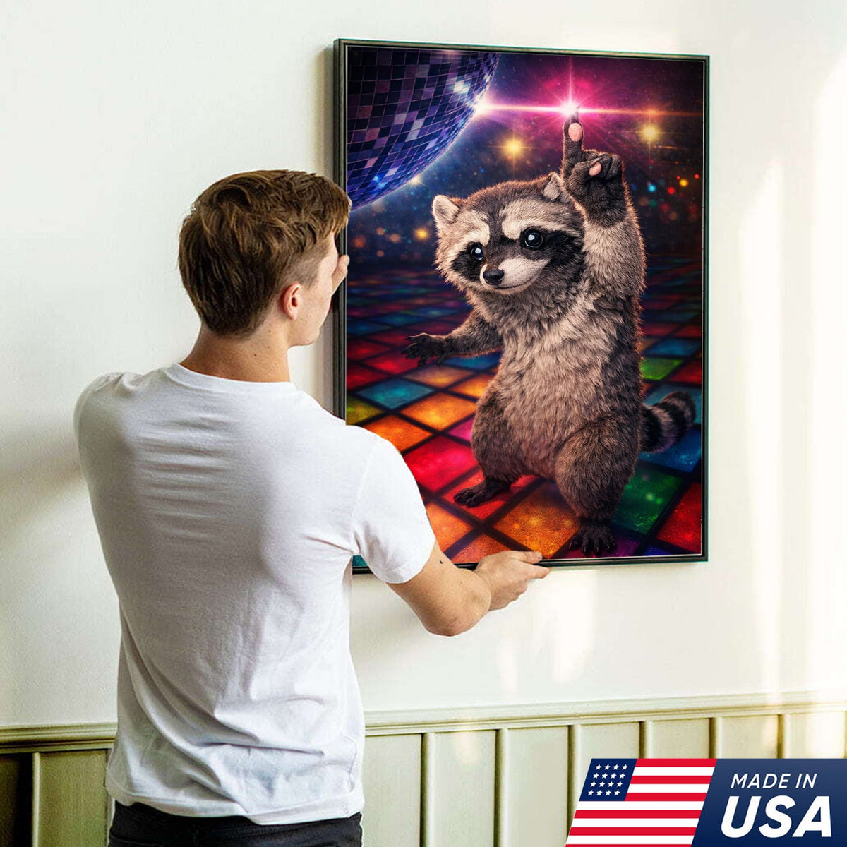 Disco Raccoon Wall Art Canvas Print, Funny Dancing Animal Illustration