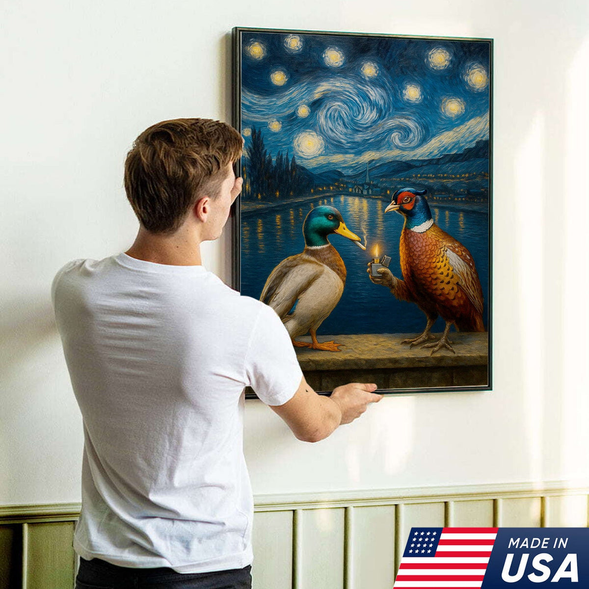 Starry Night Duck and Pheasant Canvas Wall Art, Van Gogh Inspired Wildlife Painting