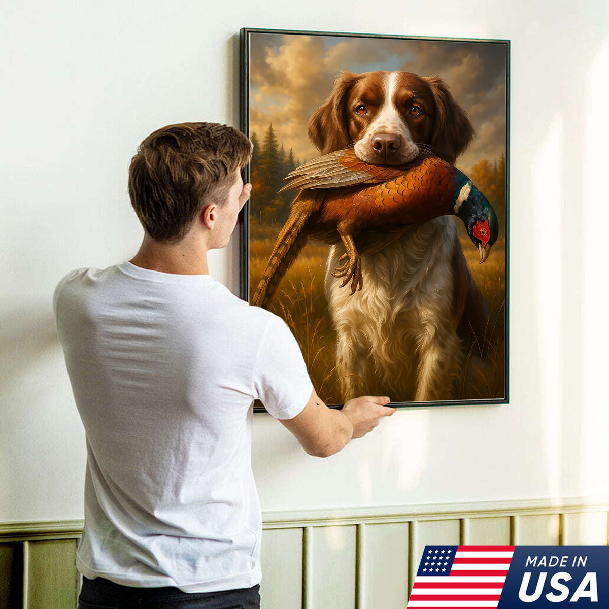 Upland Hunting Dog Canvas Wall Art – Brittany with Pheasant, Rustic Cabin Decor