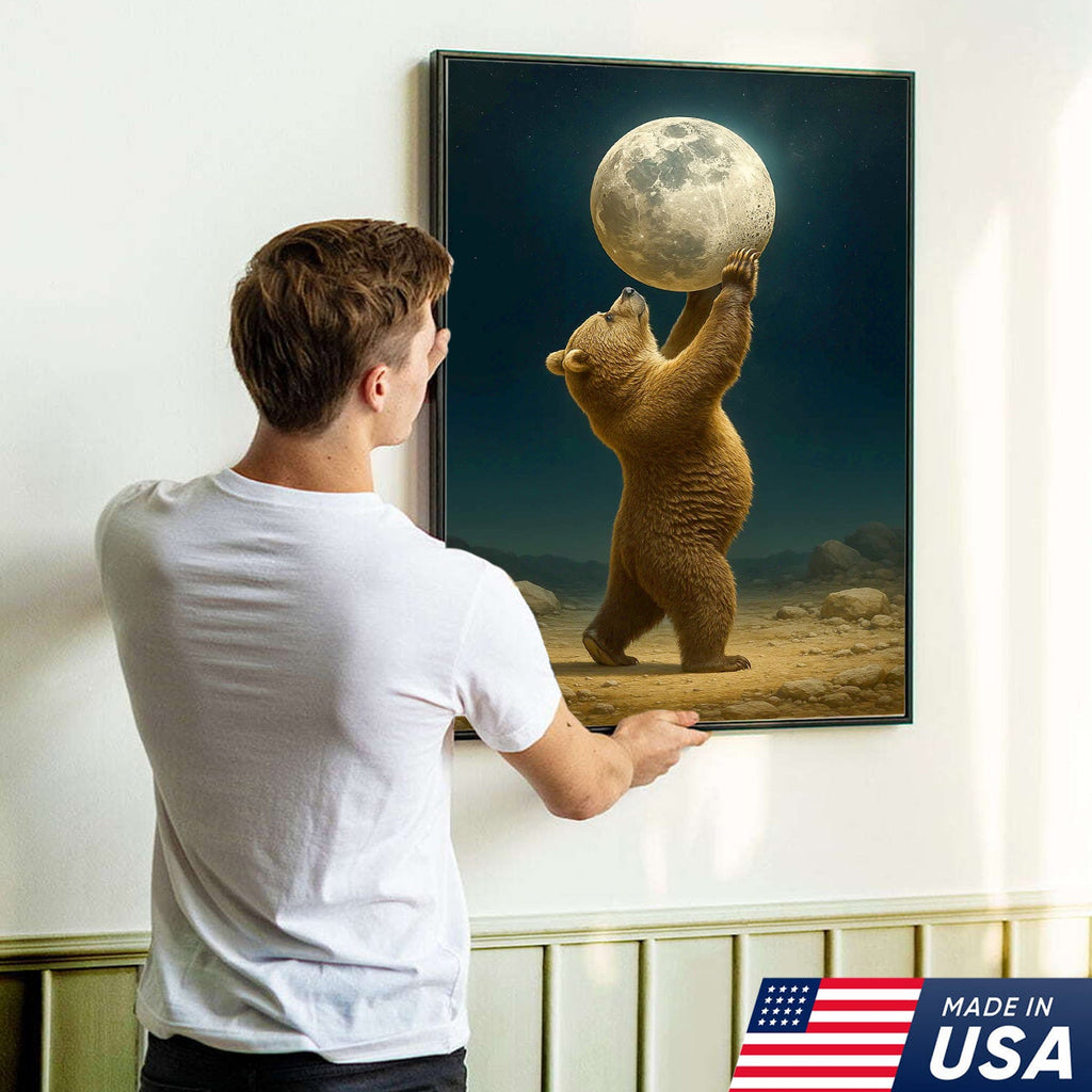 Bear Holding Full Moon Canvas Wall Art, Surreal Night Sky Decor, Rustic Cabin Nature Print