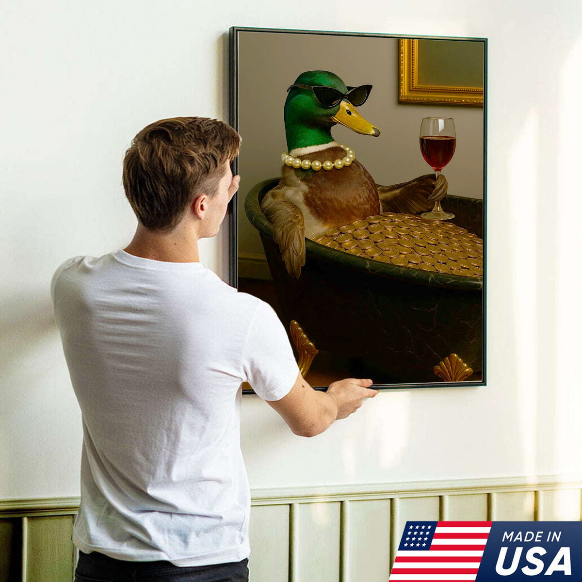 Luxury Duck Canvas Art – Funny Rich Duck in Gold Bathtub, Glam Animal Portrait Wall Decor