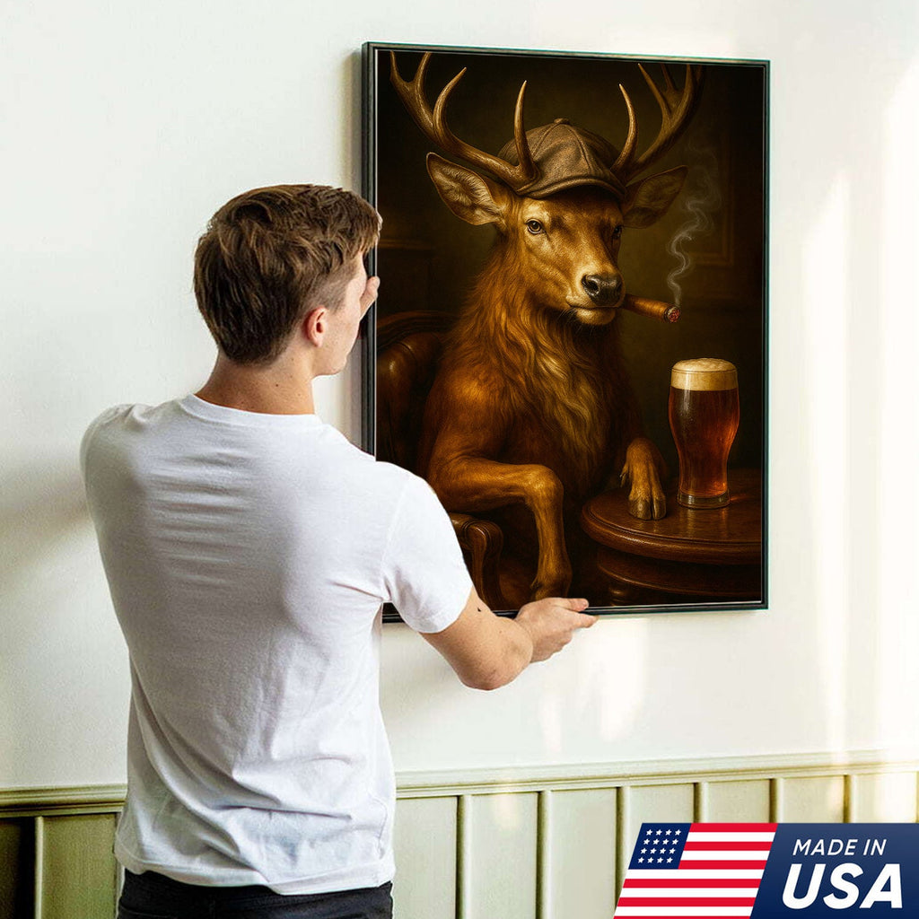Classy Deer Smoking Cigar Canvas – Rustic Beer Lover Wall Art for Cabin & Man Cave