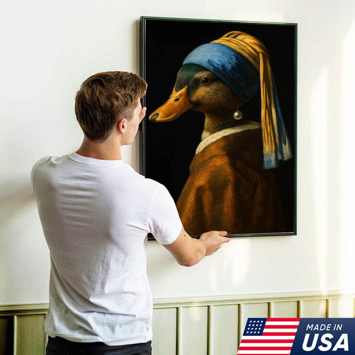 Duck with Pearl Earring Portrait Canvas, Funny Parody Duck Wall Art