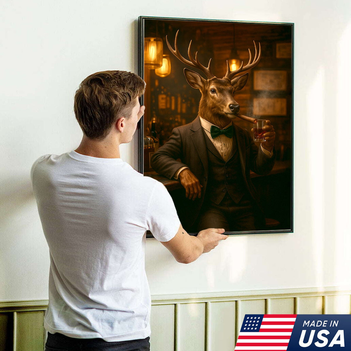 Deer Gentleman Wall Art – Classy Drinking & Smoking Canvas for Bar, Lodge & Man Cave Decor