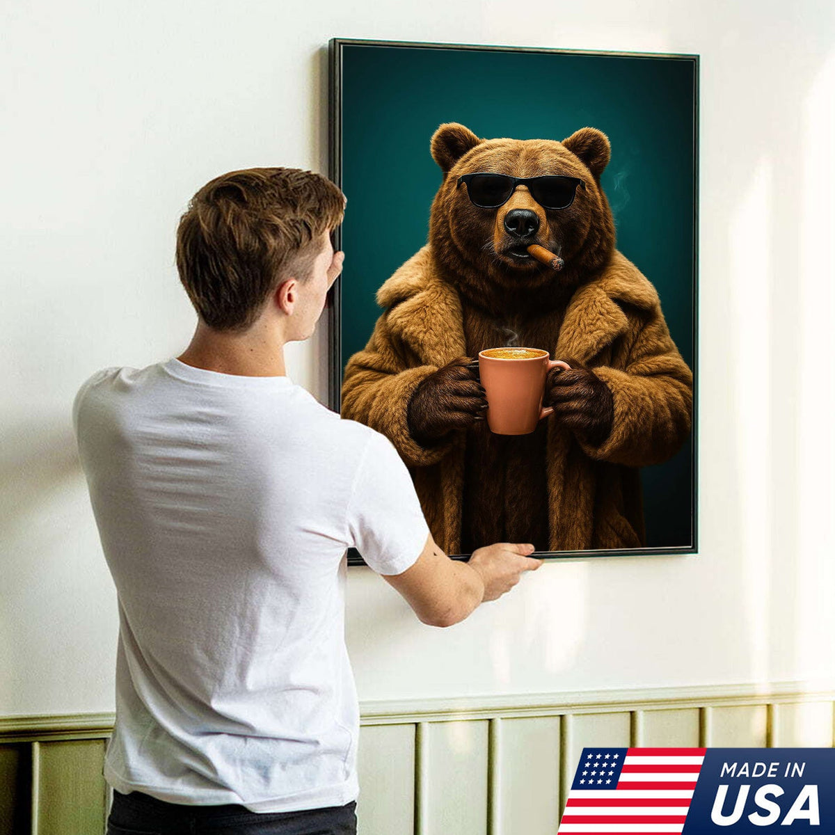 Cool Bear Wall Art Canvas - Smoking Bear Print, Funny Cigar Bear Decor
