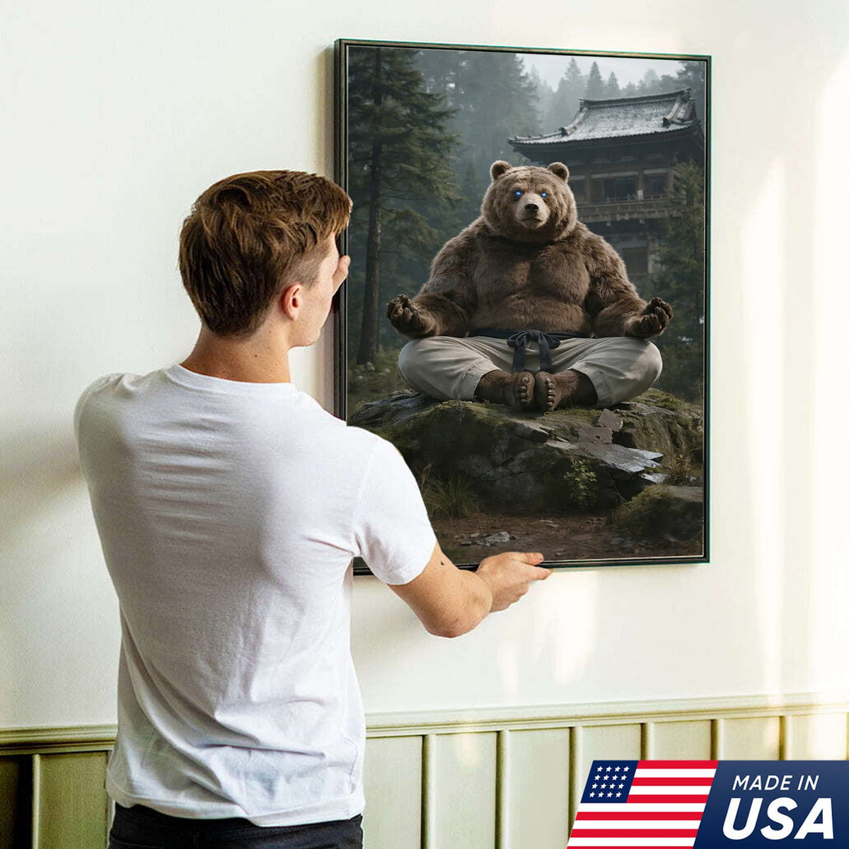 Zen Meditating Bear Canvas Wall Art, Martial Arts Bear in Forest Temple