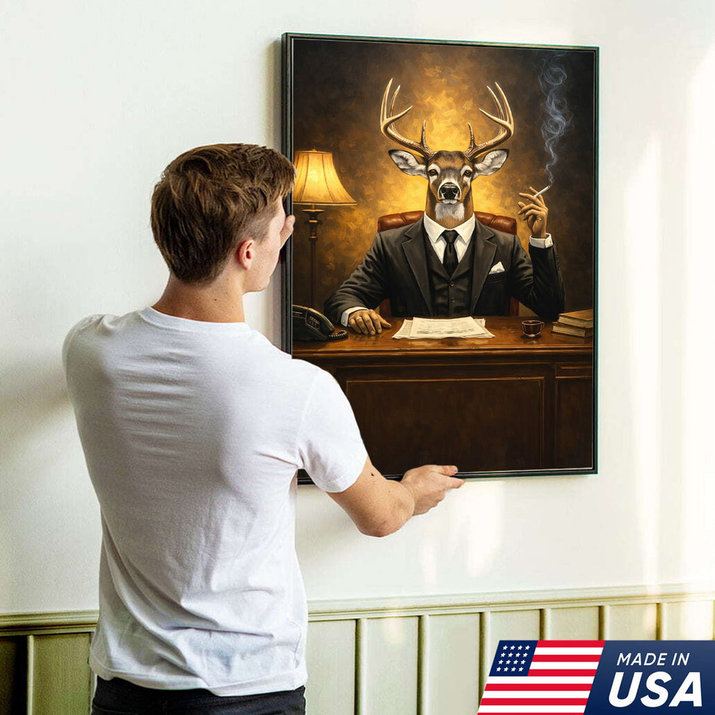 Anthropomorphic Deer Businessman Canvas Wall Art, Surreal Animal Portrait Artwork
