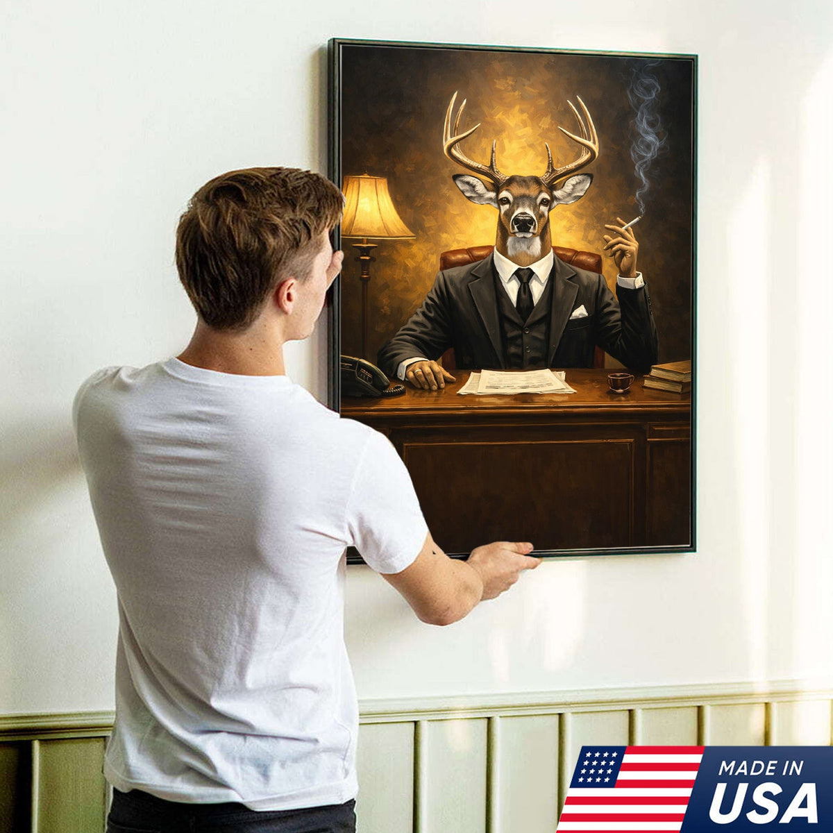 Anthropomorphic Deer Businessman Canvas Wall Art, Surreal Animal Portrait Artwork