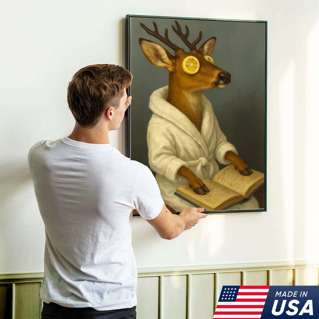 Funny Deer Spa Portrait Wall Art – Relaxing Deer With Lemon Eyes, Whimsical Animal Painting