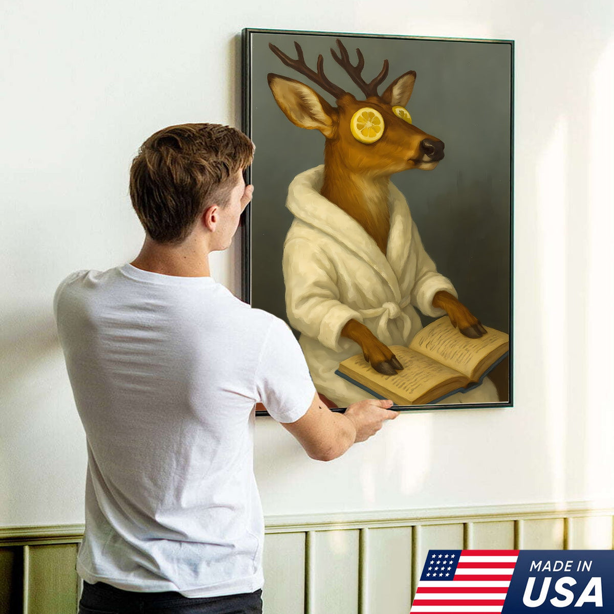 Funny Deer Spa Portrait Wall Art – Relaxing Deer With Lemon Eyes, Whimsical Animal Painting