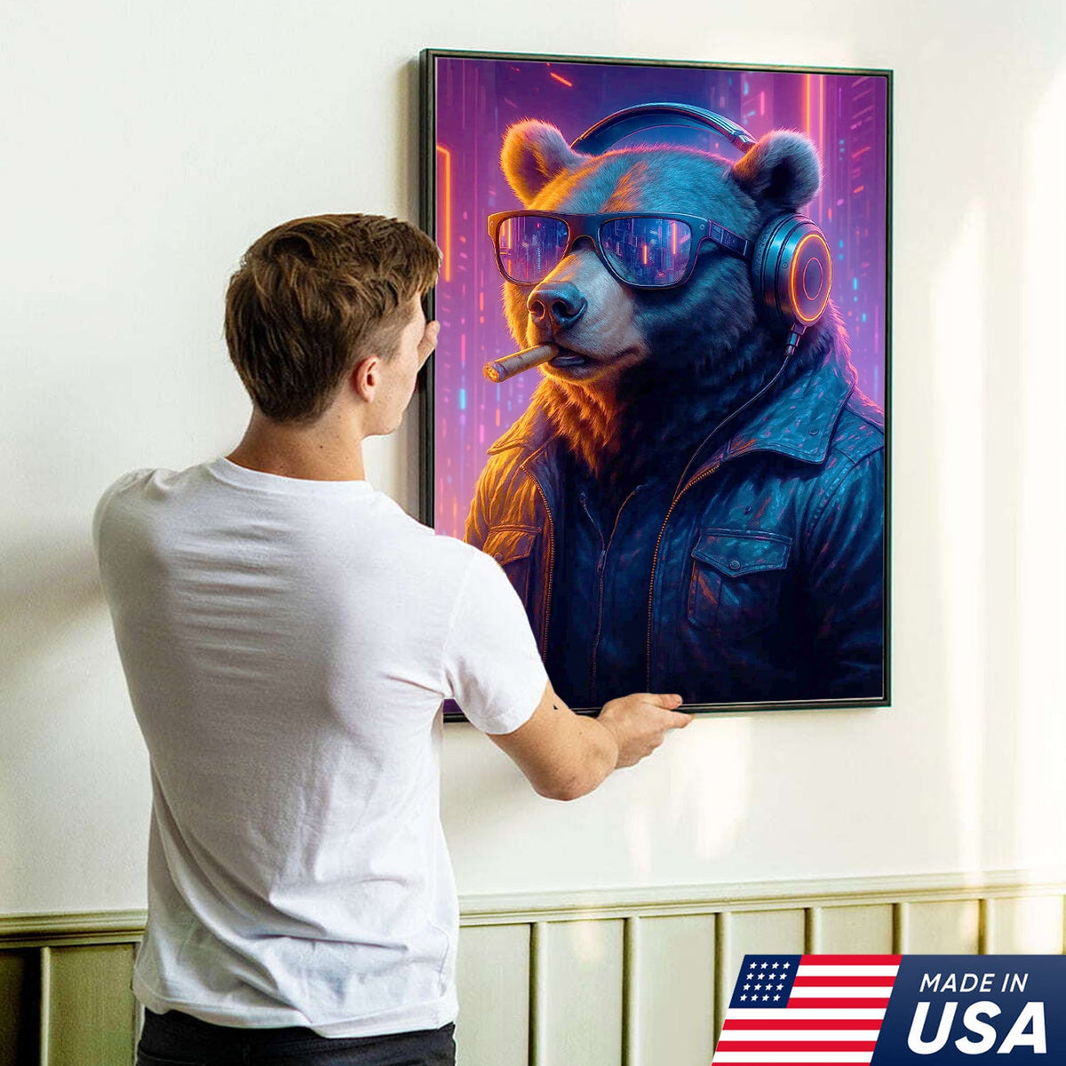 Cyberpunk Bear Wall Art Canvas, Cool DJ Bear with Headphones Neon City Decor