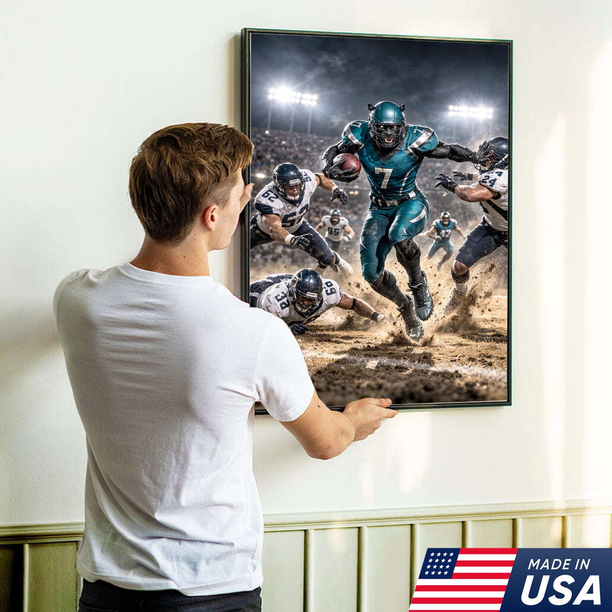 Black Panther Football Canvas Wall Art – Intense Stadium Action Sports Print