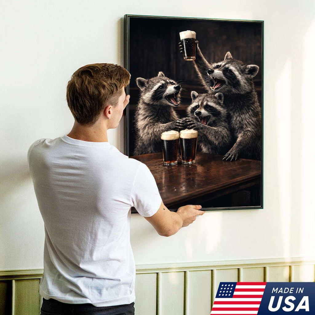 Funny Party Raccoon Wall Art Canvas Print, Wild Friends Celebration Animal Illustration