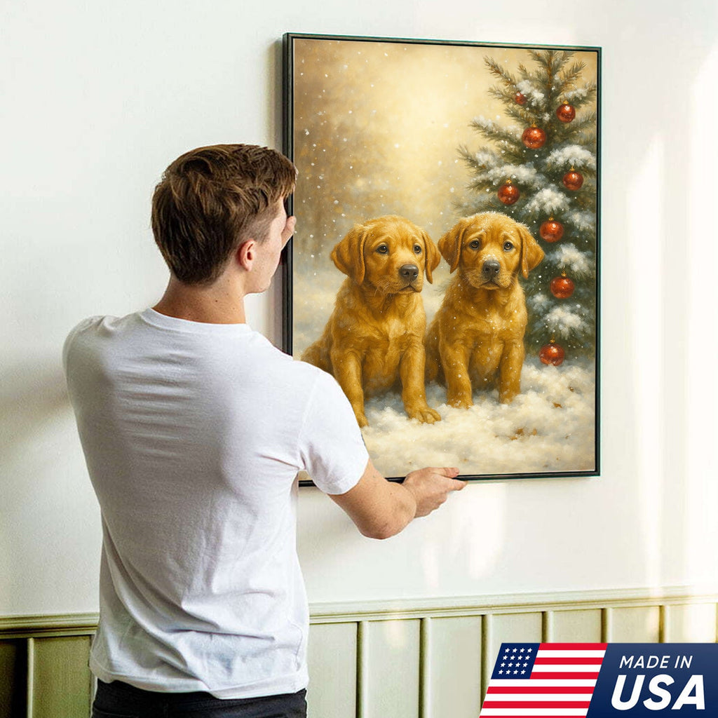 Christmas Golden Puppies Canvas Wall Art – Cute Labrador Dog Holiday Canvas Print
