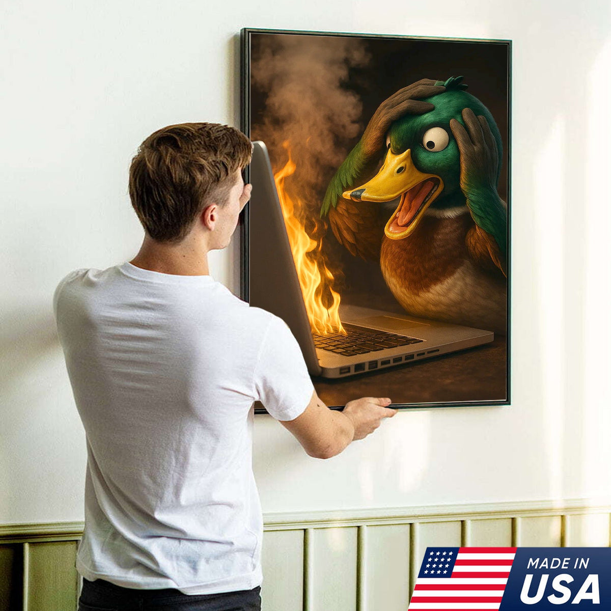 Funny Duck Screaming at Burning Laptop Canvas Wall Art, Hilarious Tech Fail Gift