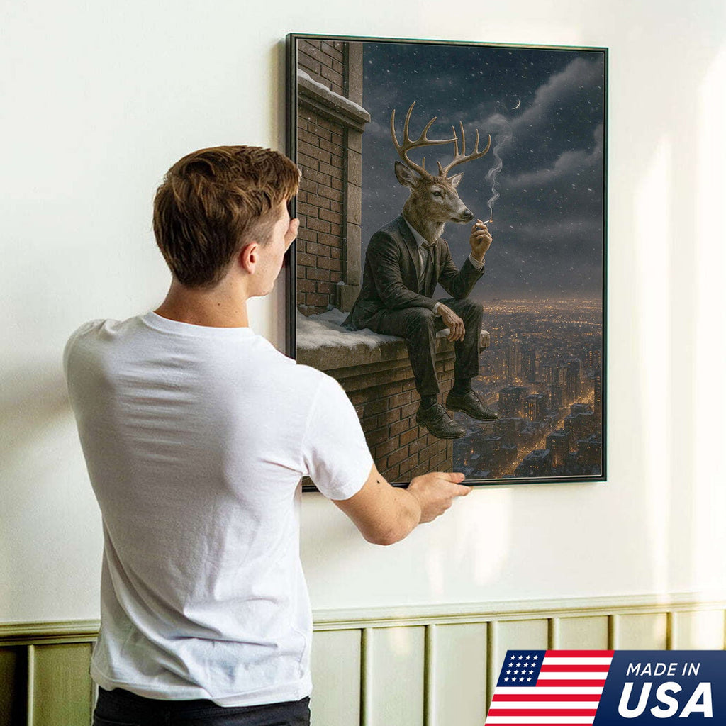 Surreal Deer Man Canvas Wall Art, Anthropomorphic Animal City Night Artwork
