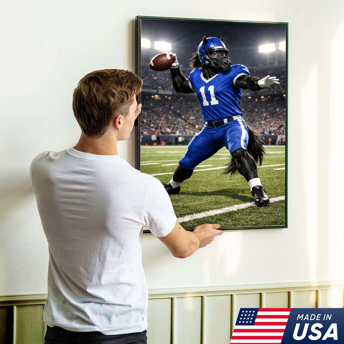 Power Stallion Quarterback Canvas Wall Art – Blue Uniform Horse Athlete Action Print