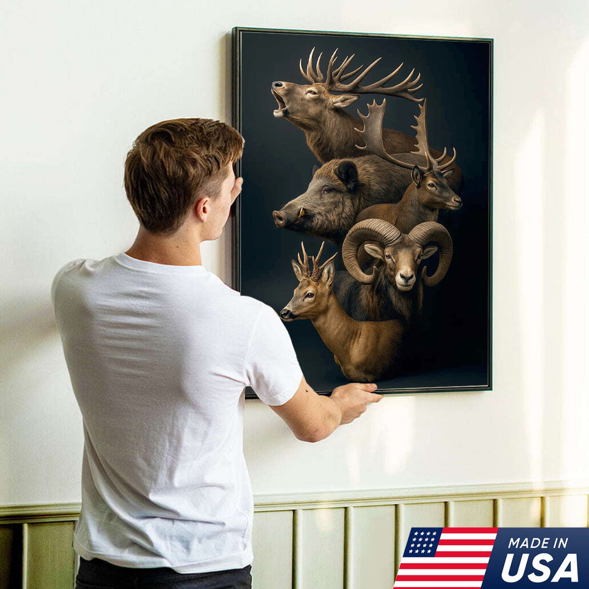 Wild Game Animal Canvas Wall Art, Deer Boar Ram Elk Artwork, Rustic Cabin Decor for Hunters