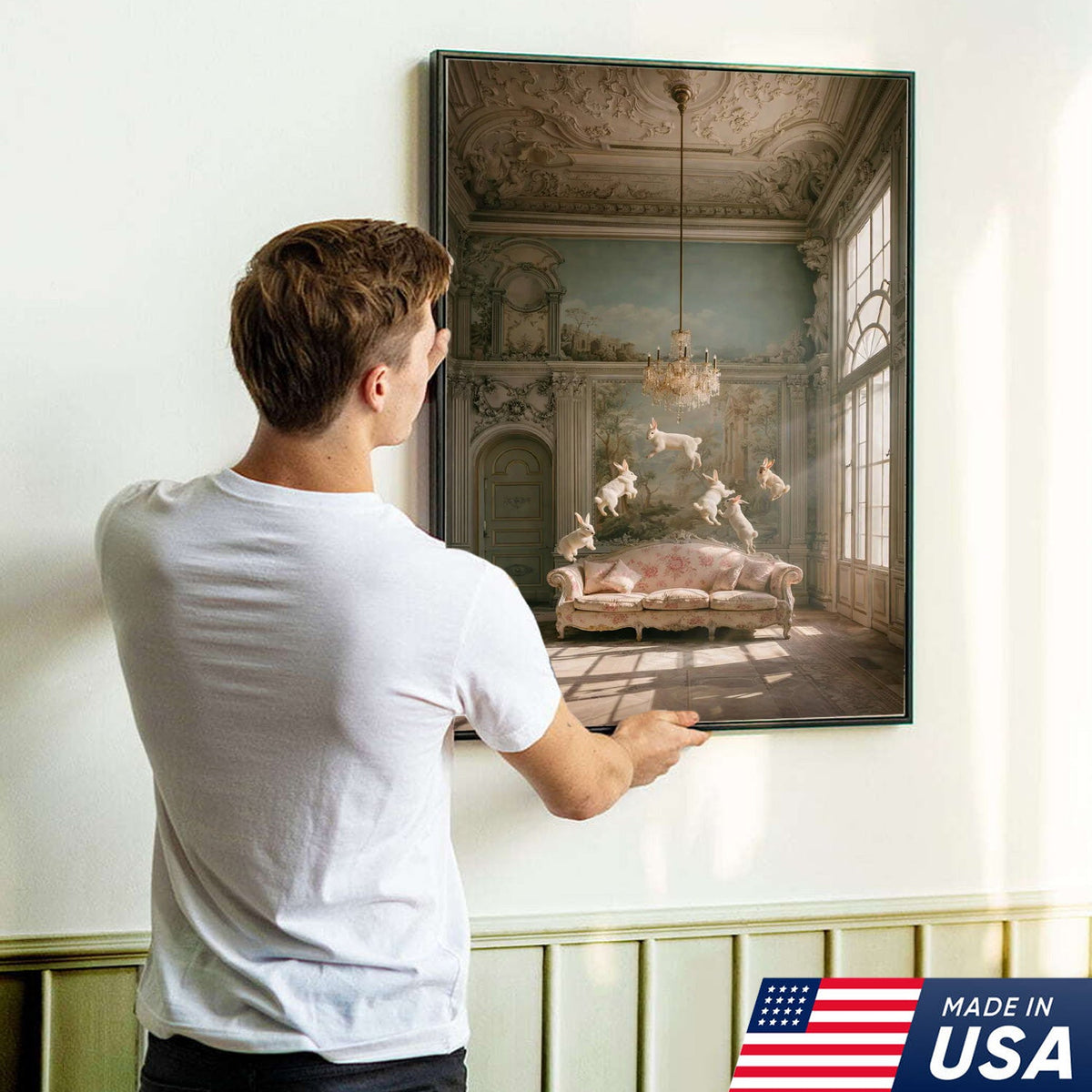 Surreal Floating Rabbits Canvas Wall Art, Dreamy Bunny Dance in Elegant Palace Interior