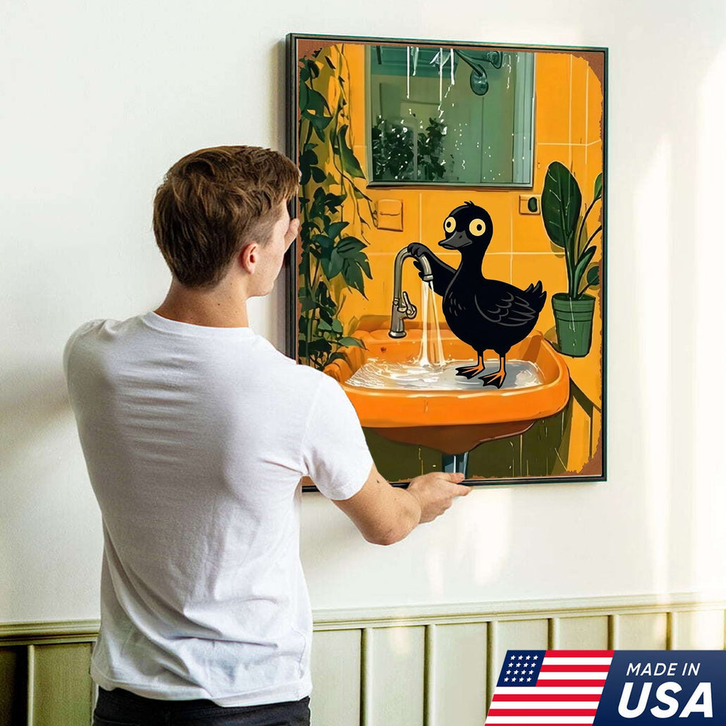 Funny Black Duck Bathroom Canvas Wall Art – Whimsical Bird in Sink Illustration