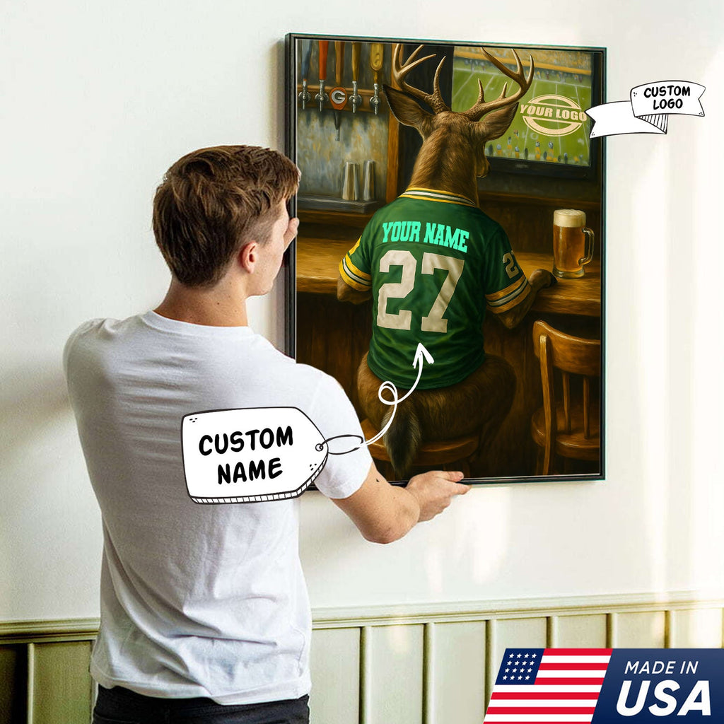 Custom Deer Football Canvas Wall Art – Personalized Deer Watching Sports Drinking Funny Sports Bar Decor