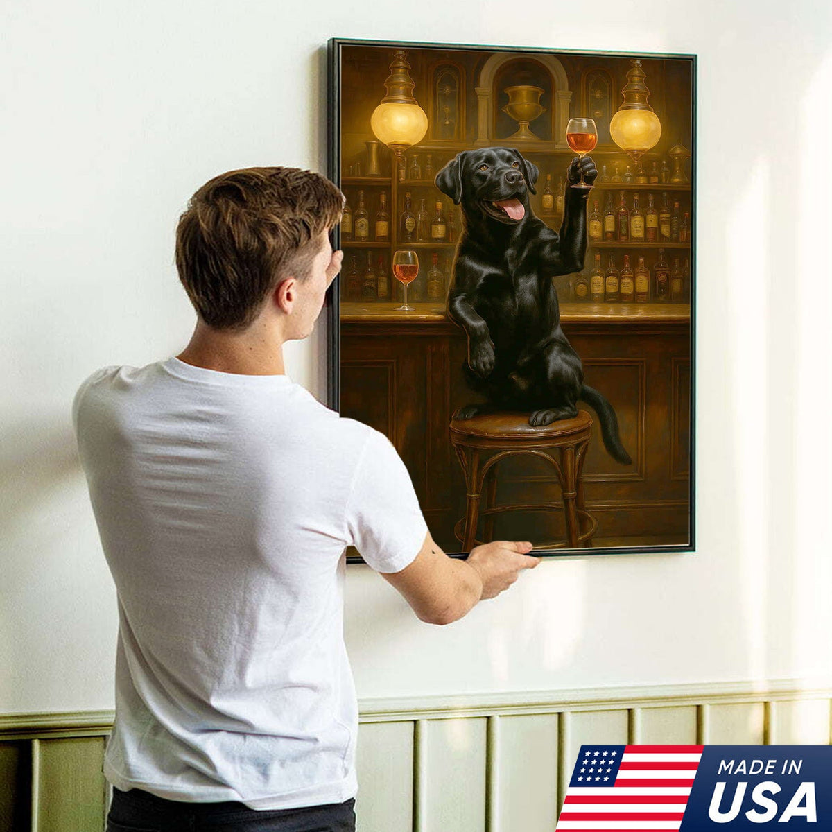 Bar Dog Canvas Art – Cheerful Black Labrador Raising a Fancy Drink