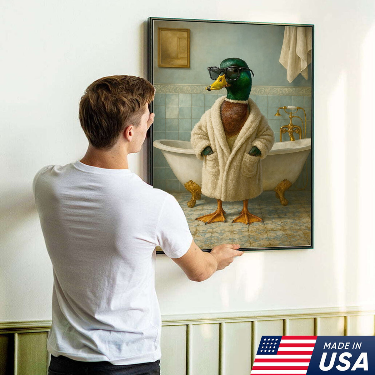 Bathrobe Duck Canvas Art – Cool Duck in Cozy Robe with Sunglasses