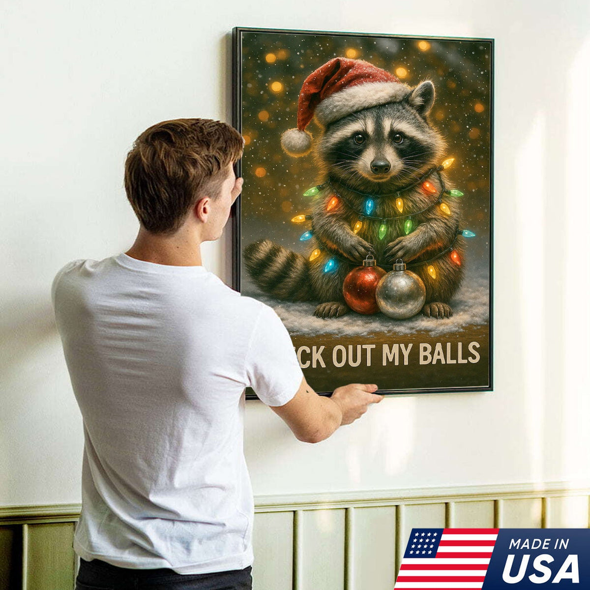 Funny Christmas Raccoon Canvas Art – Cute Holiday Raccoon with Lights & Ornaments
