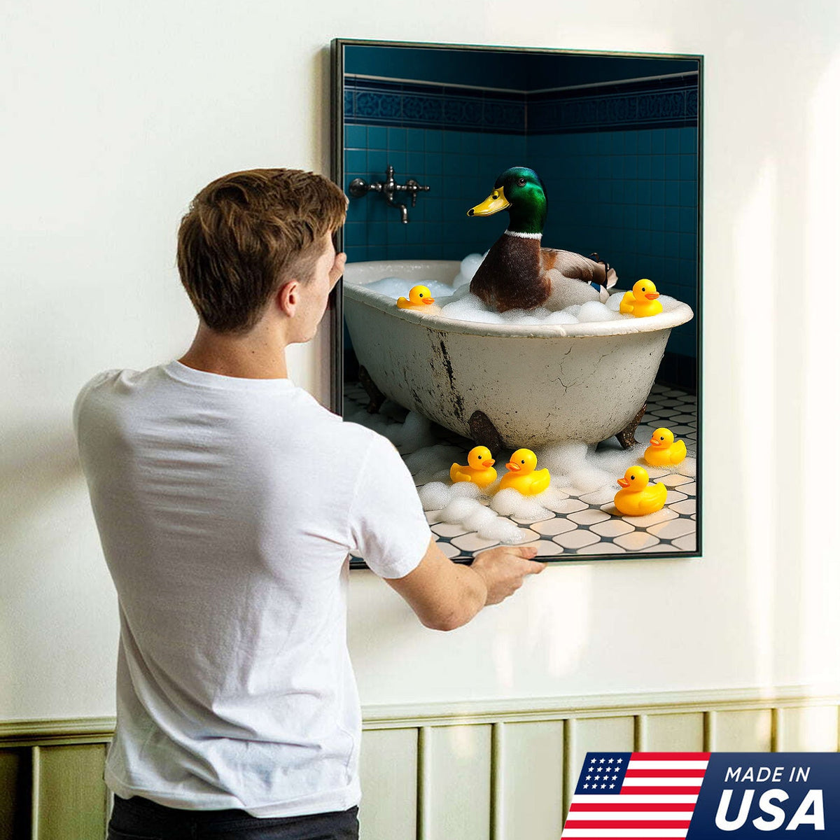 Bubble Bath Duck Canvas Art – Funny Duck in Foamy Tub with Rubber Ducklings