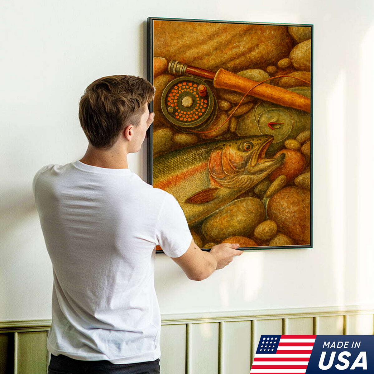 ly Fishing Canvas Wall Art – Retro Trout Painting with Rod & Reel Rustic Cabin Lodge Decor