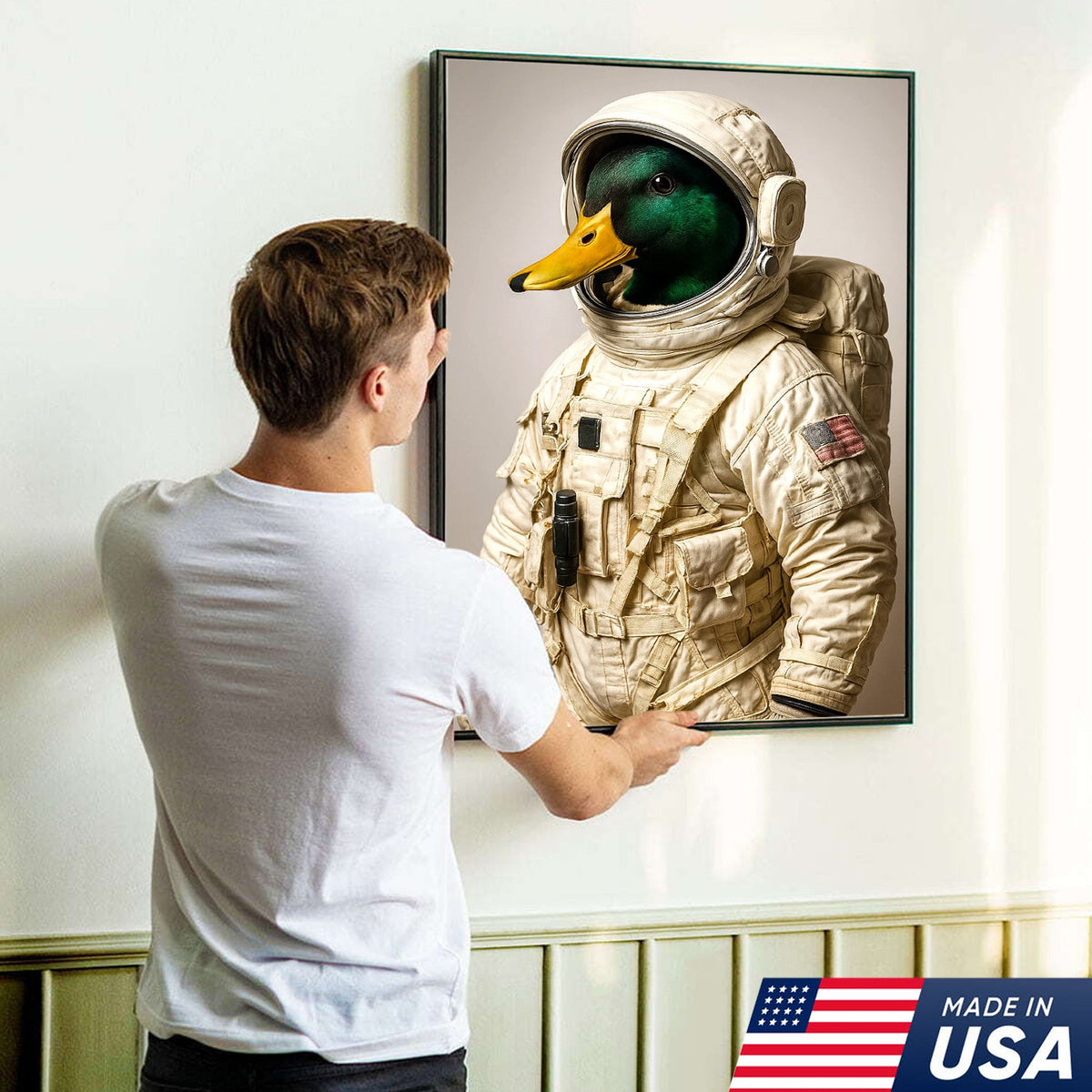 Astronaut Duck Canvas Art – Space Explorer Duck in Full Spacesuit, Whimsical Animal Wall Decor