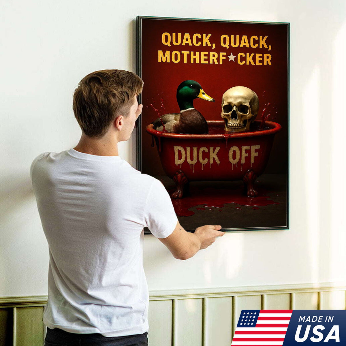 Dark Humor Duck Canvas Art – Savage Duck in Bloody Tub with Skull, Horror-Style “Duck Off” Wall Decor