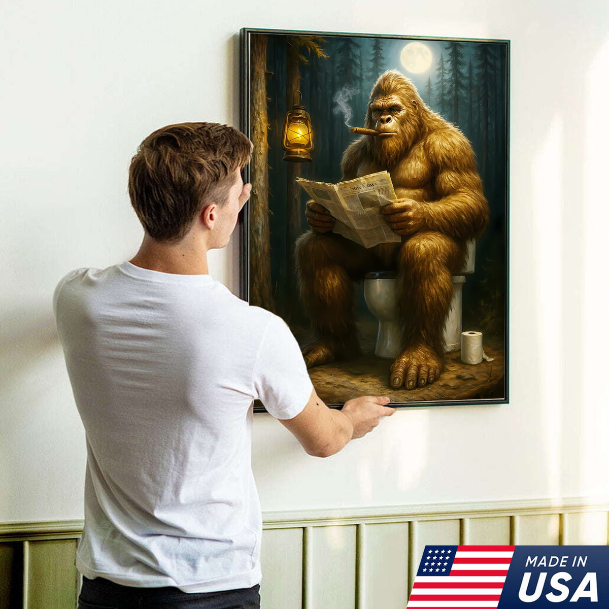 Funny Bigfoot Bathroom Canvas Wall Art, Sasquatch Reading Newspaper Picture