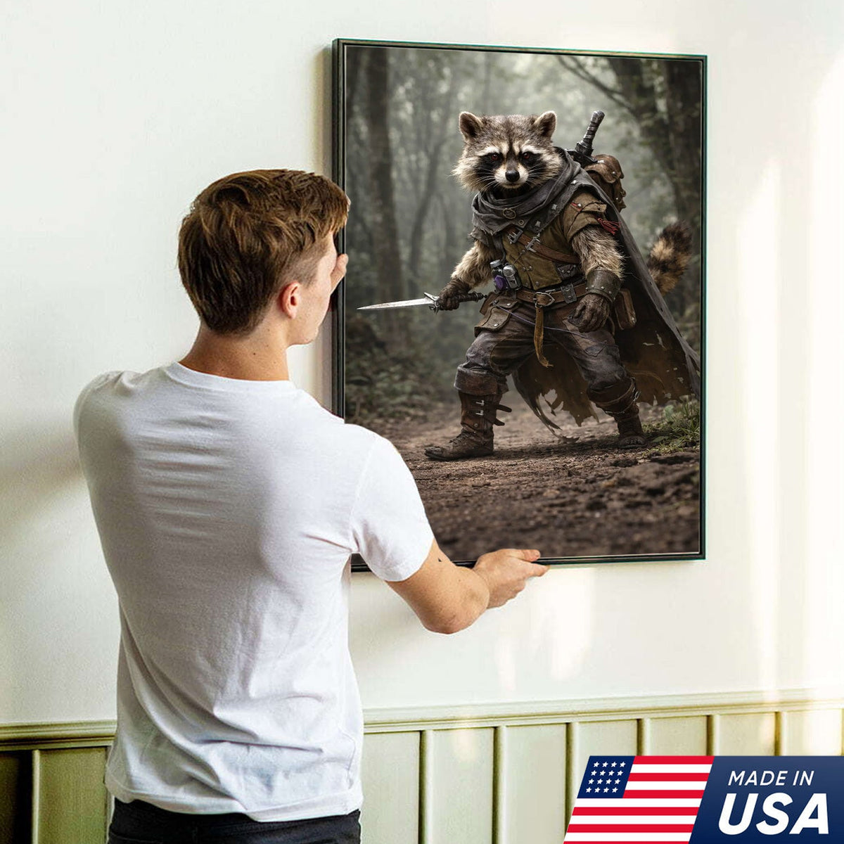 Epic Raccoon Warrior Wall Art Canvas Print, Fantasy Adventurer Animal Illustration