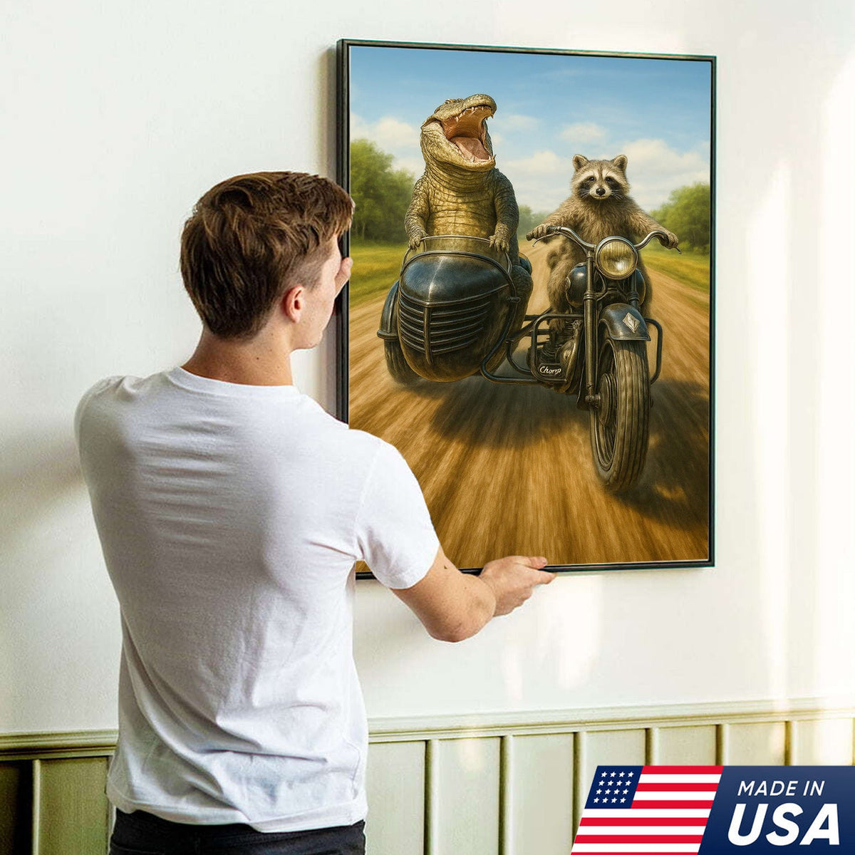 Raccoon Riding Motorcycle with Alligator Sidecar Canvas Wall Art, Funny Wildlife Road Trip Decor for Man Cave
