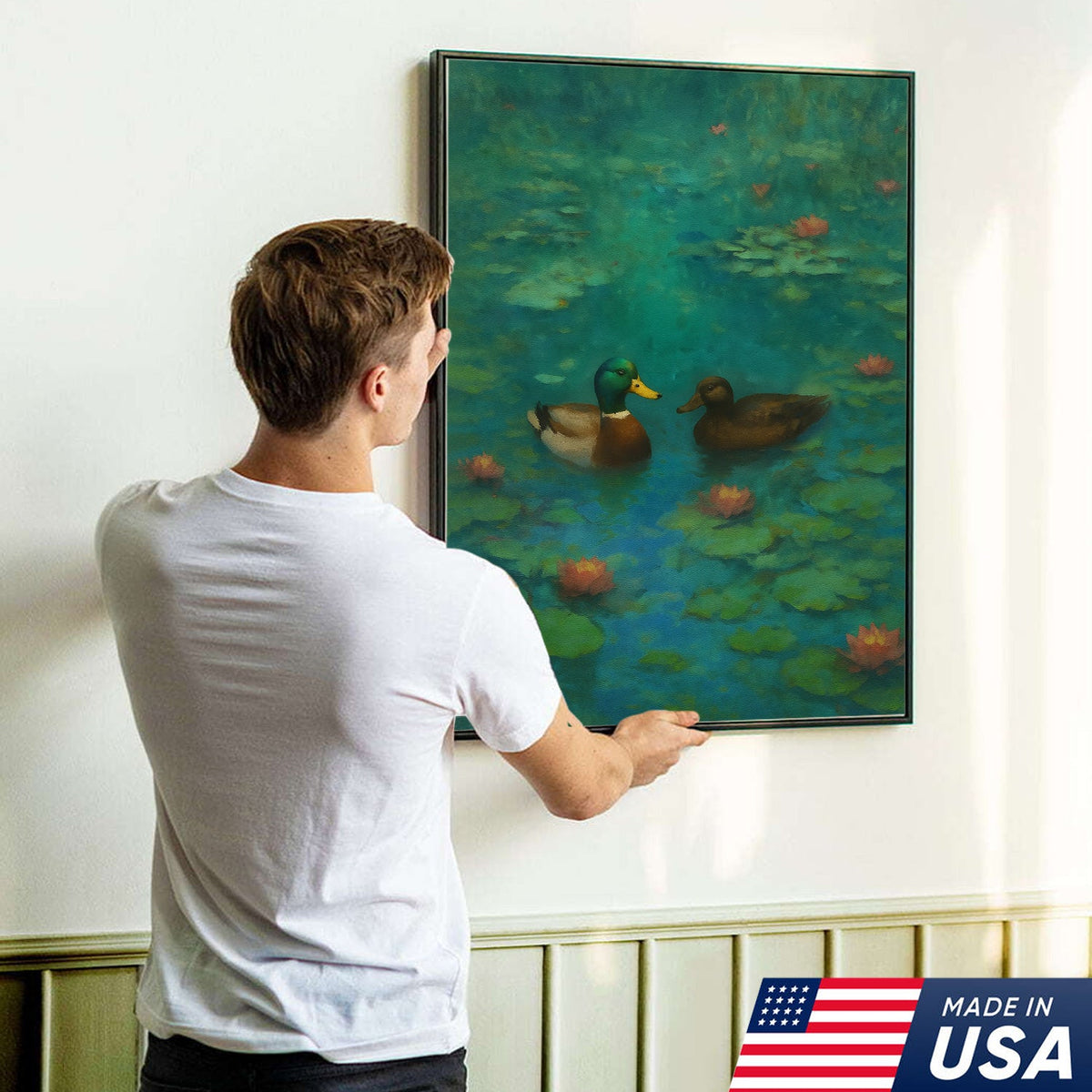 Romantic Mallard Duck Canvas Wall Art – Tranquil Pond & Water Lily Canvas