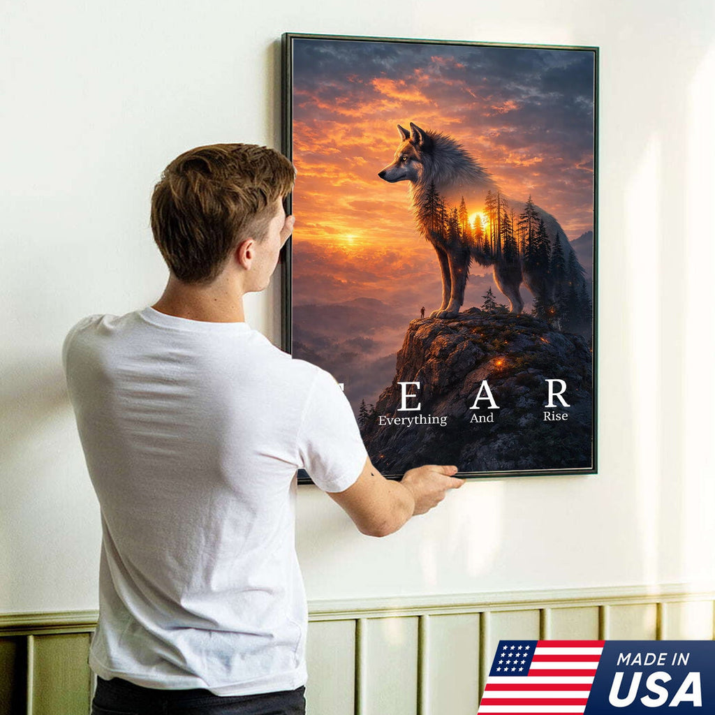 Fear Face Everything And Rise Wolf Canvas Wall Art, Inspirational Sunset Wolf Artwork