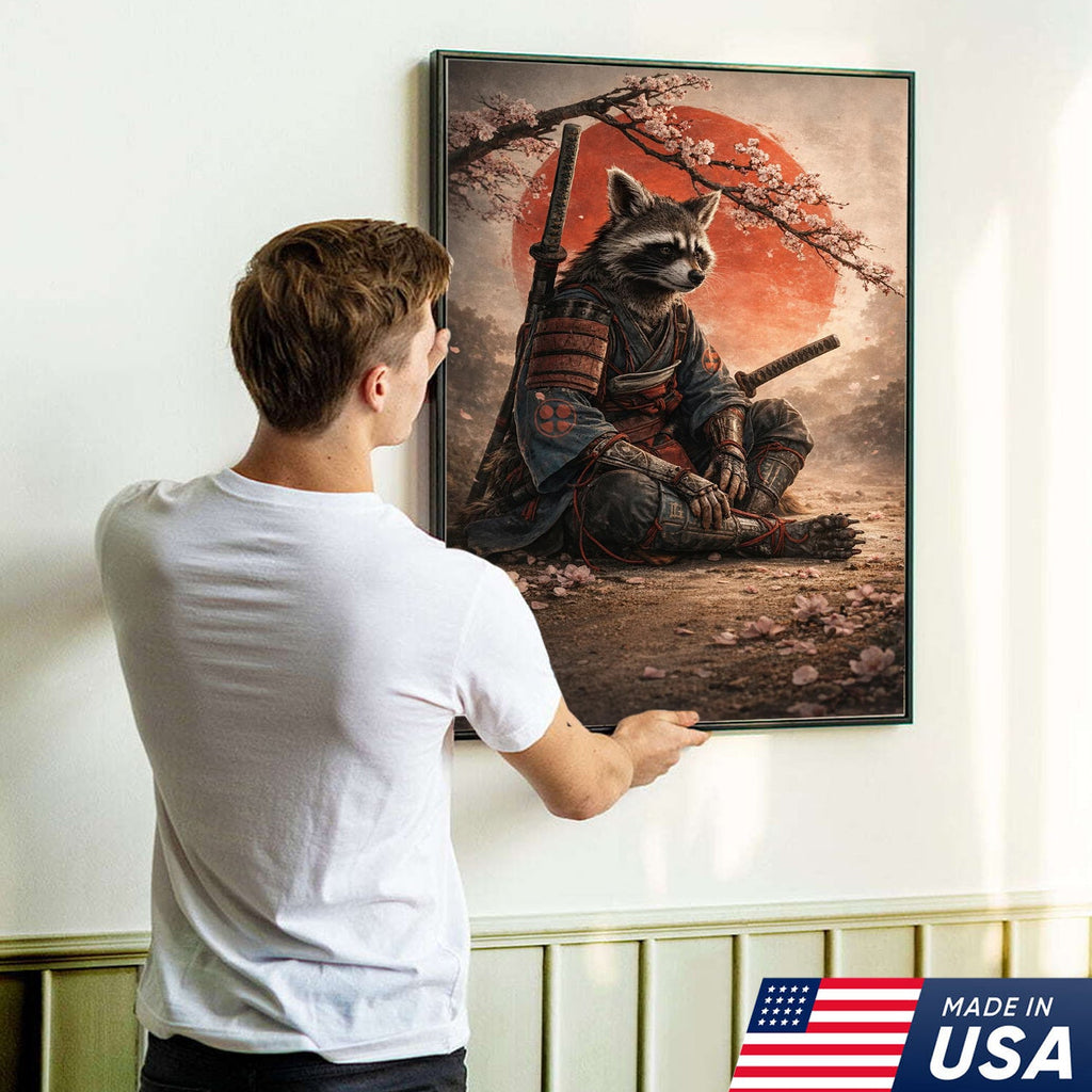 Samurai Raccoon Wall Art Canvas Print, Japanese Warrior Animal Illustration