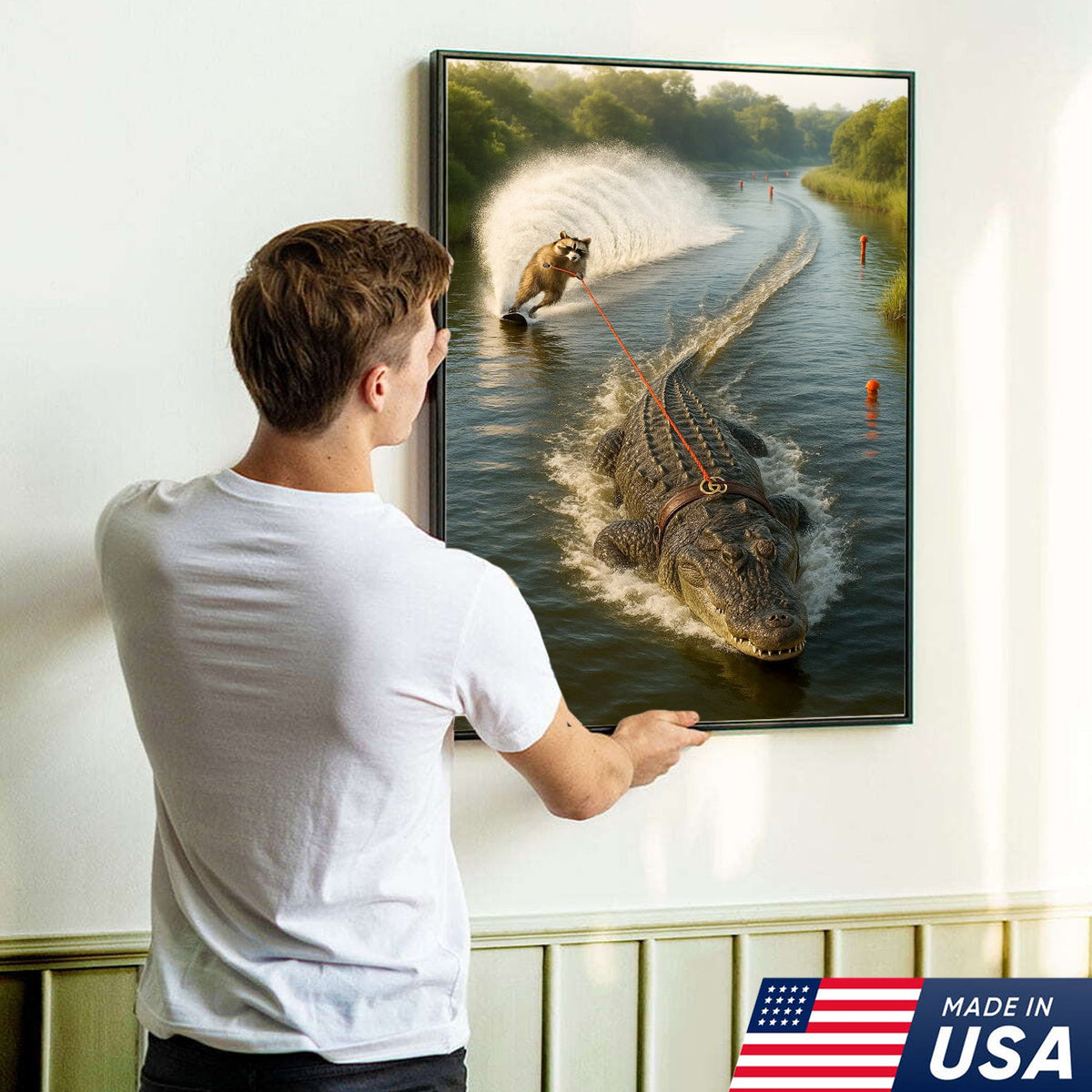 Racoon Water Skiing with Alligator Canvas Wall Art, Funny Animal Adventure Decor