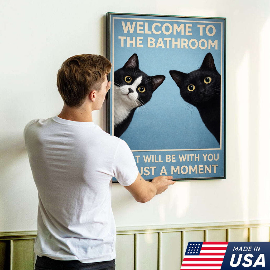 Funny Cat Bathroom Wall Art, Welcome to the Bathroom Cat Canvas