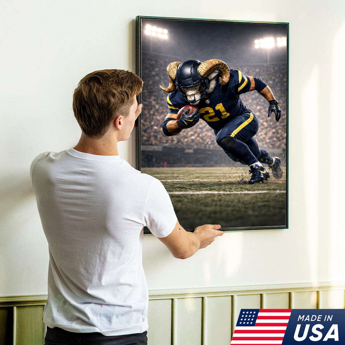 Mighty Ram Football Canvas Wall Art – Horned Athlete Stadium Action Print