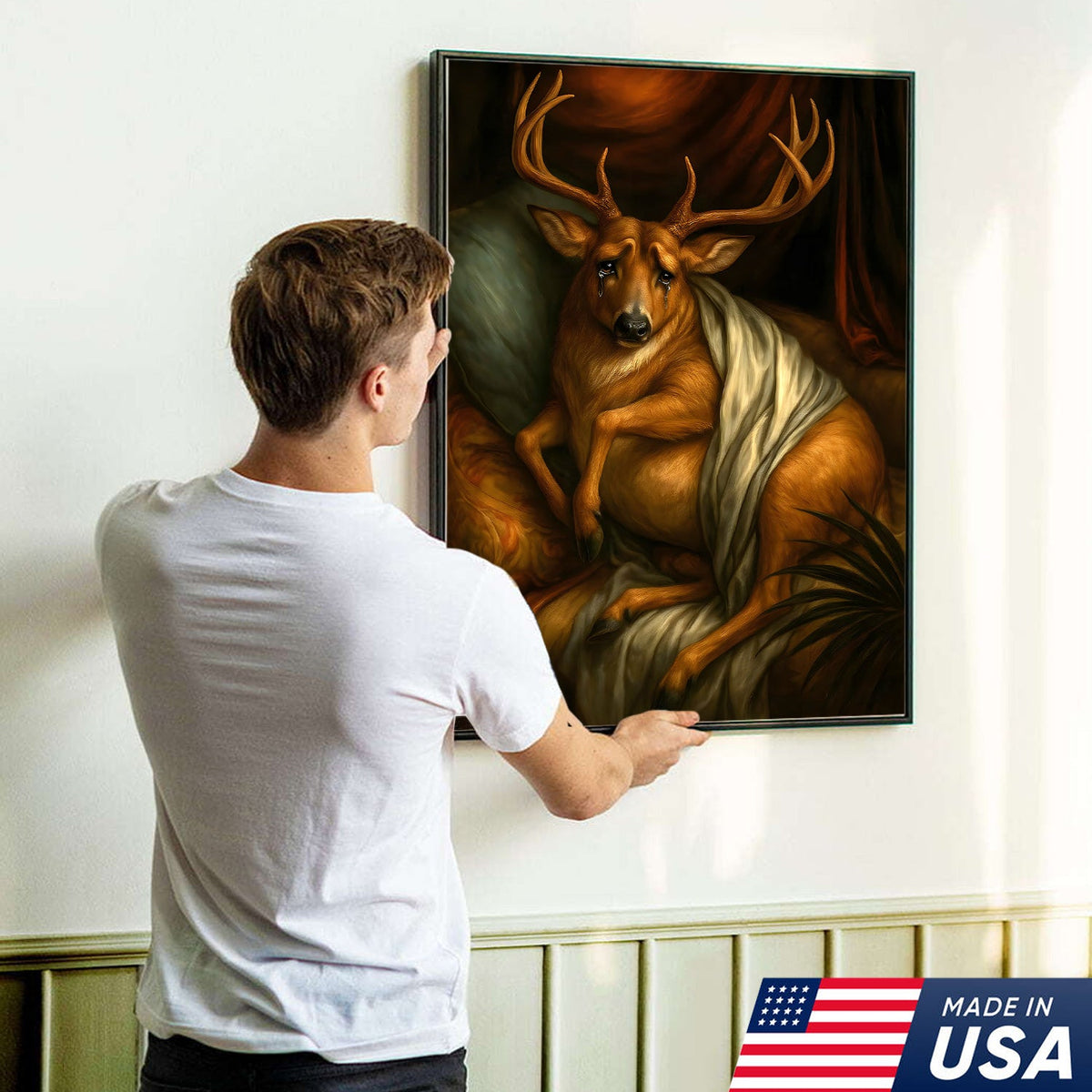 Funny Deer Portrait Canvas Wall Art, Renaissance Buck Painting with Draped Cloth