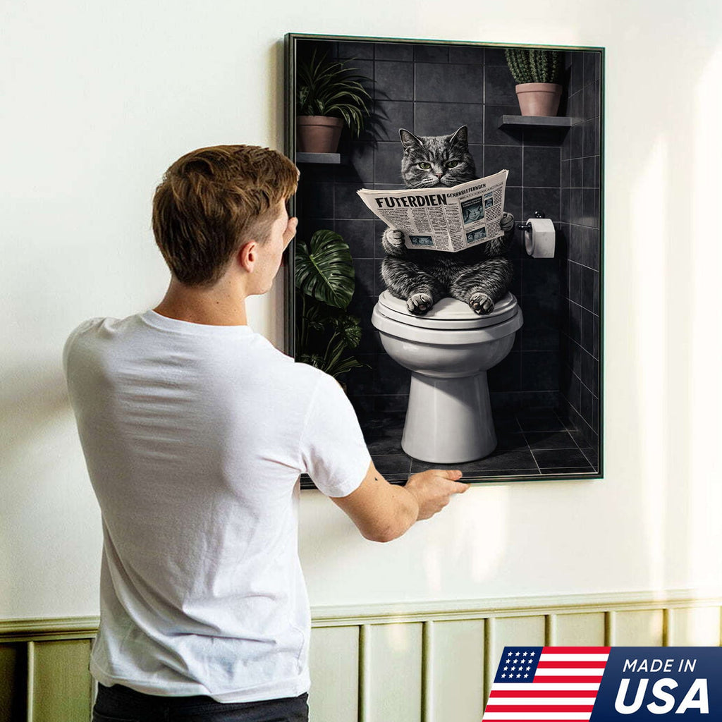 Funny Cat Bathroom Canvas – Cat On Toilet Wall Art – Meme Decor