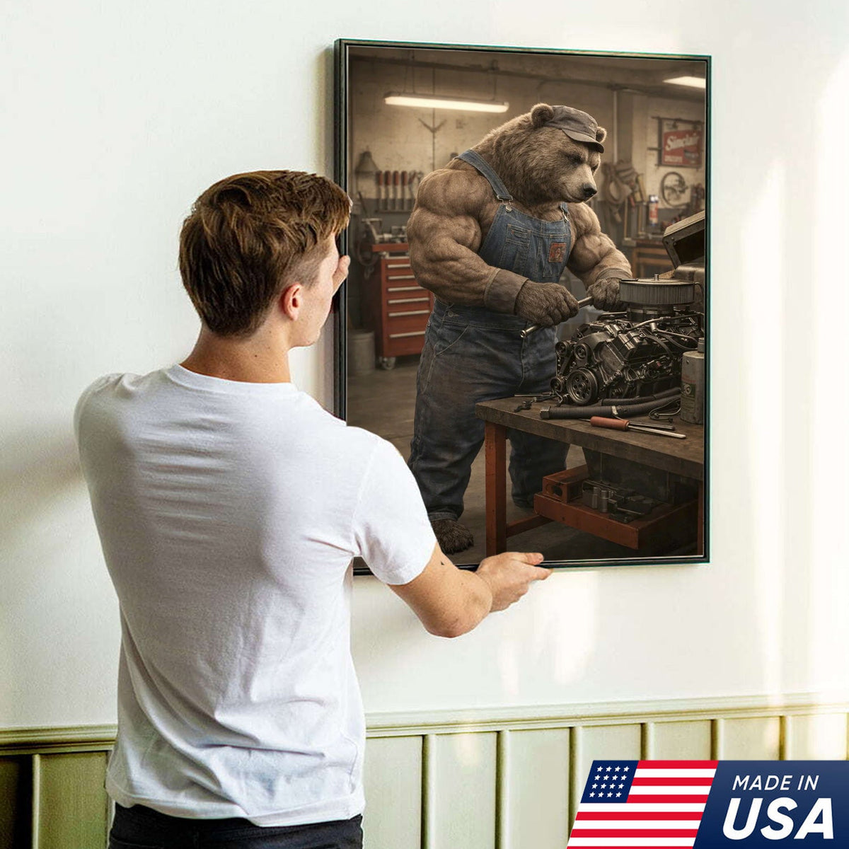 Muscular Bear Mechanic Canvas Wall Art – Realistic Animal Workshop Print