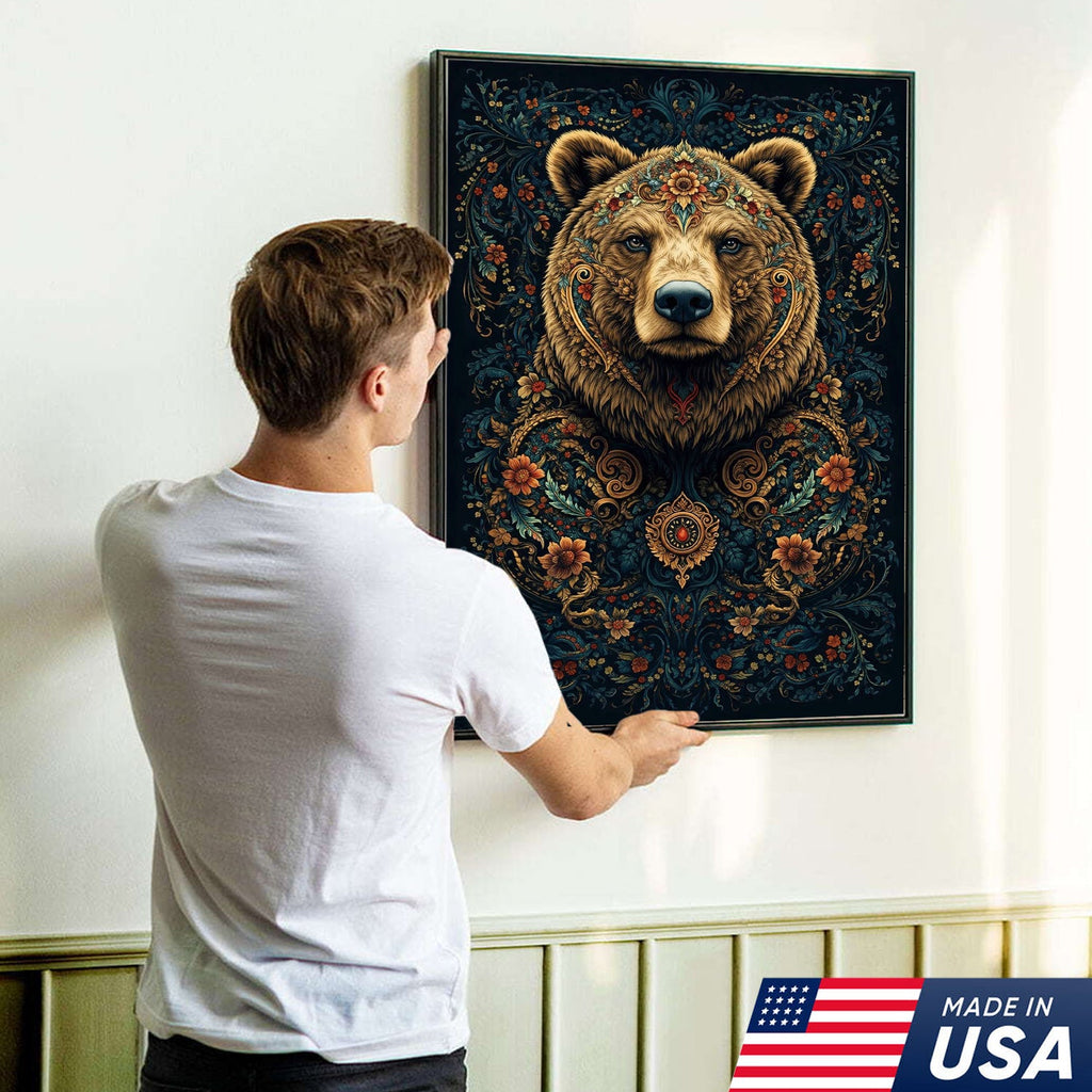 Ornate Floral Bear Canvas Wall Art, Majestic Bear Portrait with Decorative Pattern