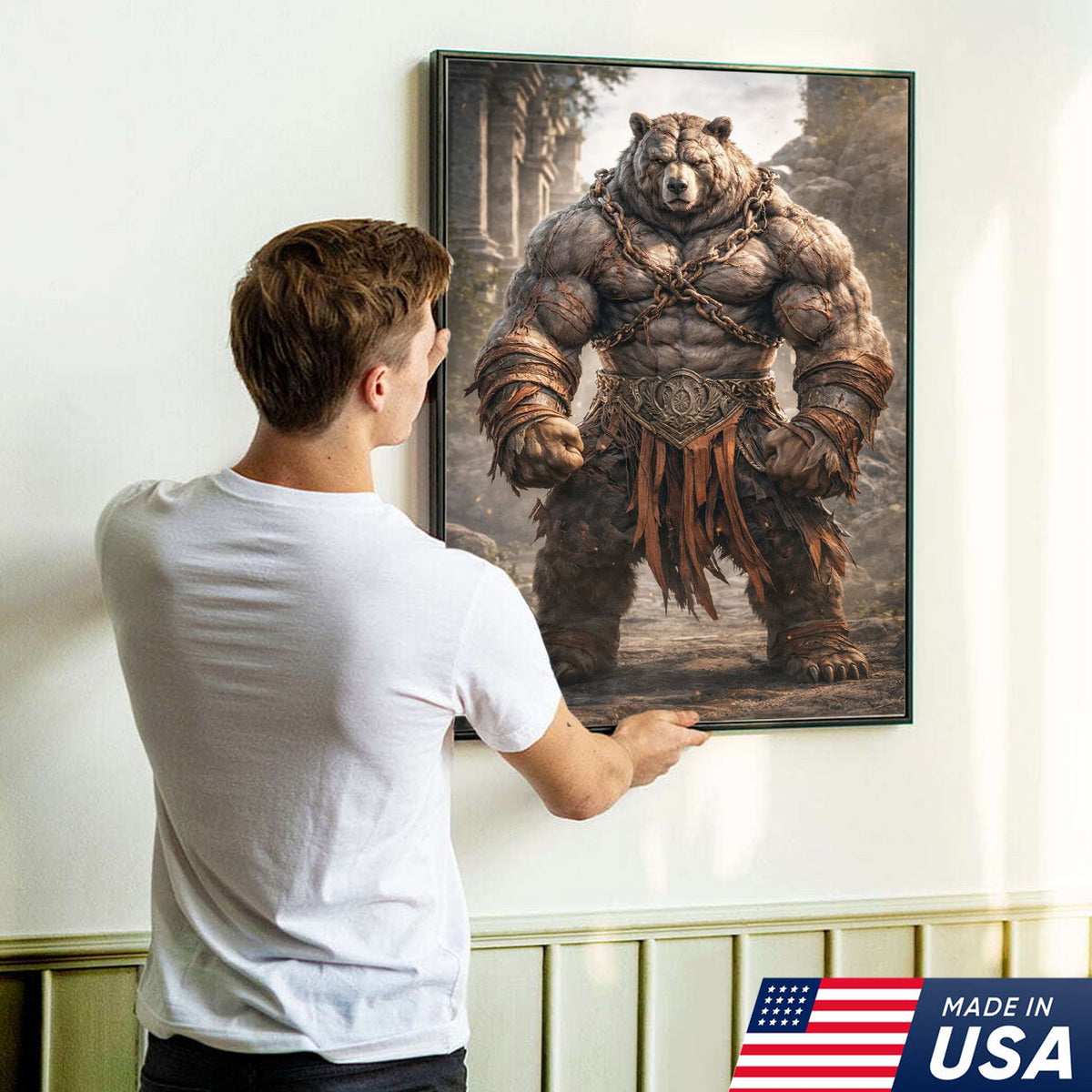 Epic Warrior Bear Canvas Wall Art – Fantasy Barbarian Animal Print