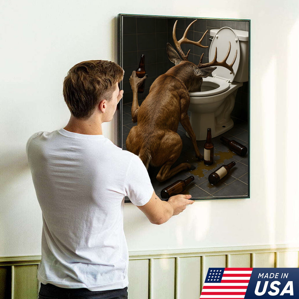 Funny Drunk Deer Canvas Wall Art, Hilarious Buck Bathroom Decor