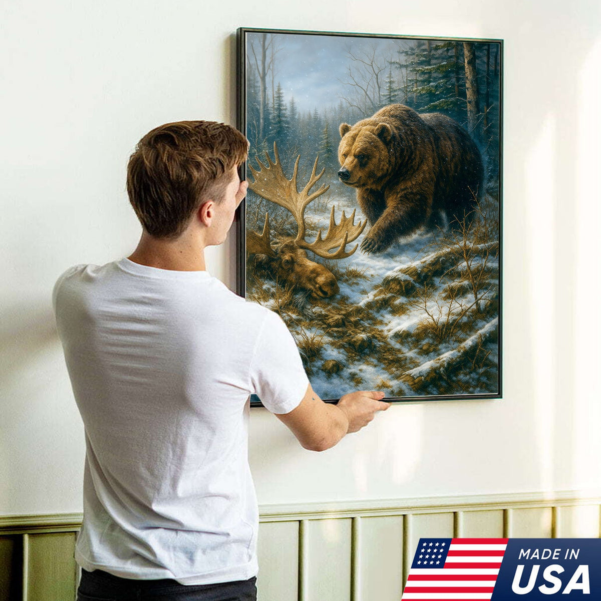 Grizzly Bear and Moose Wilderness Wall Art – Rustic Hunting Canvas for Cabin & Lodge Decor
