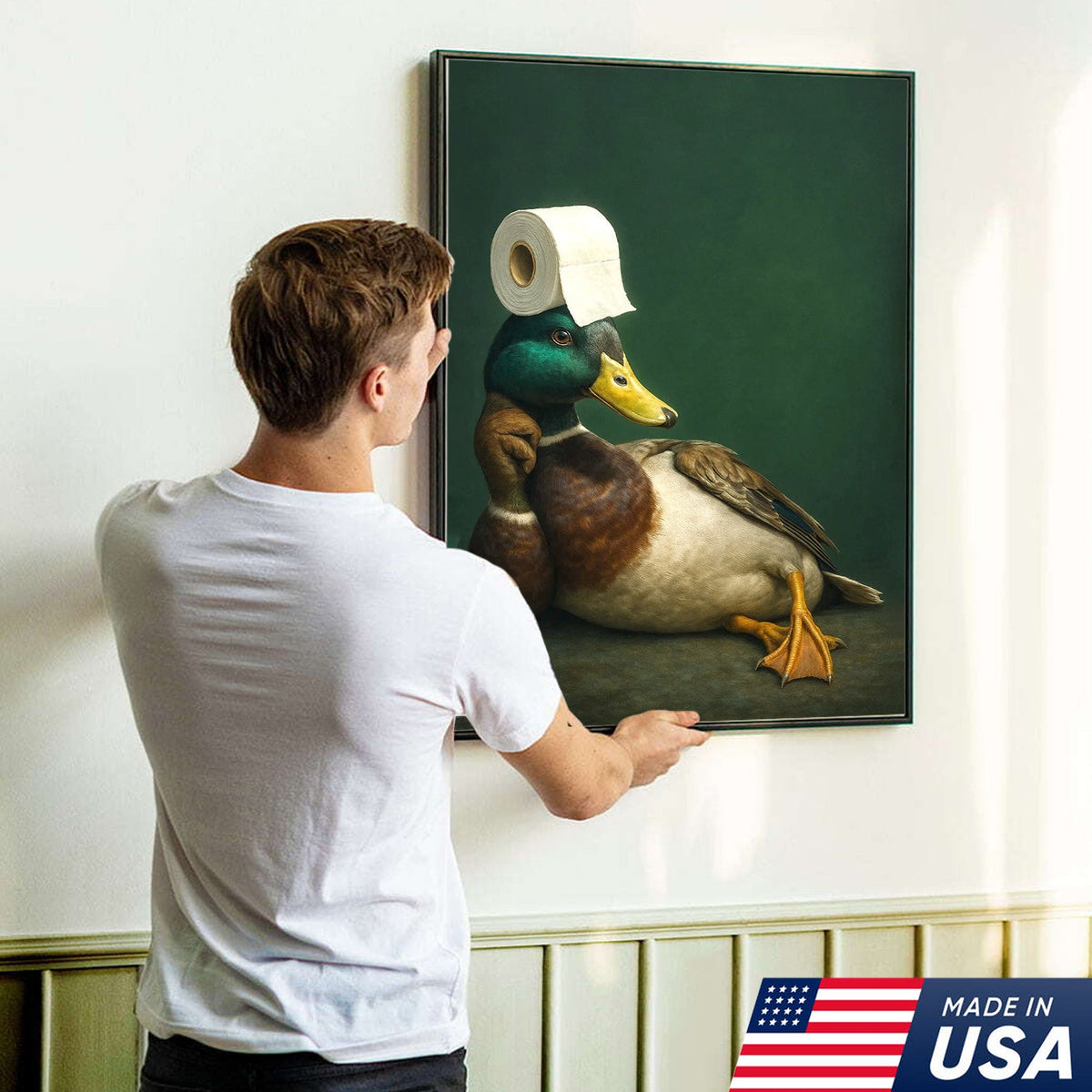 Funny Duck Bathroom Canvas Wall Art – Quirky Rustic Lodge Decor – Mallard Humor Gift Idea