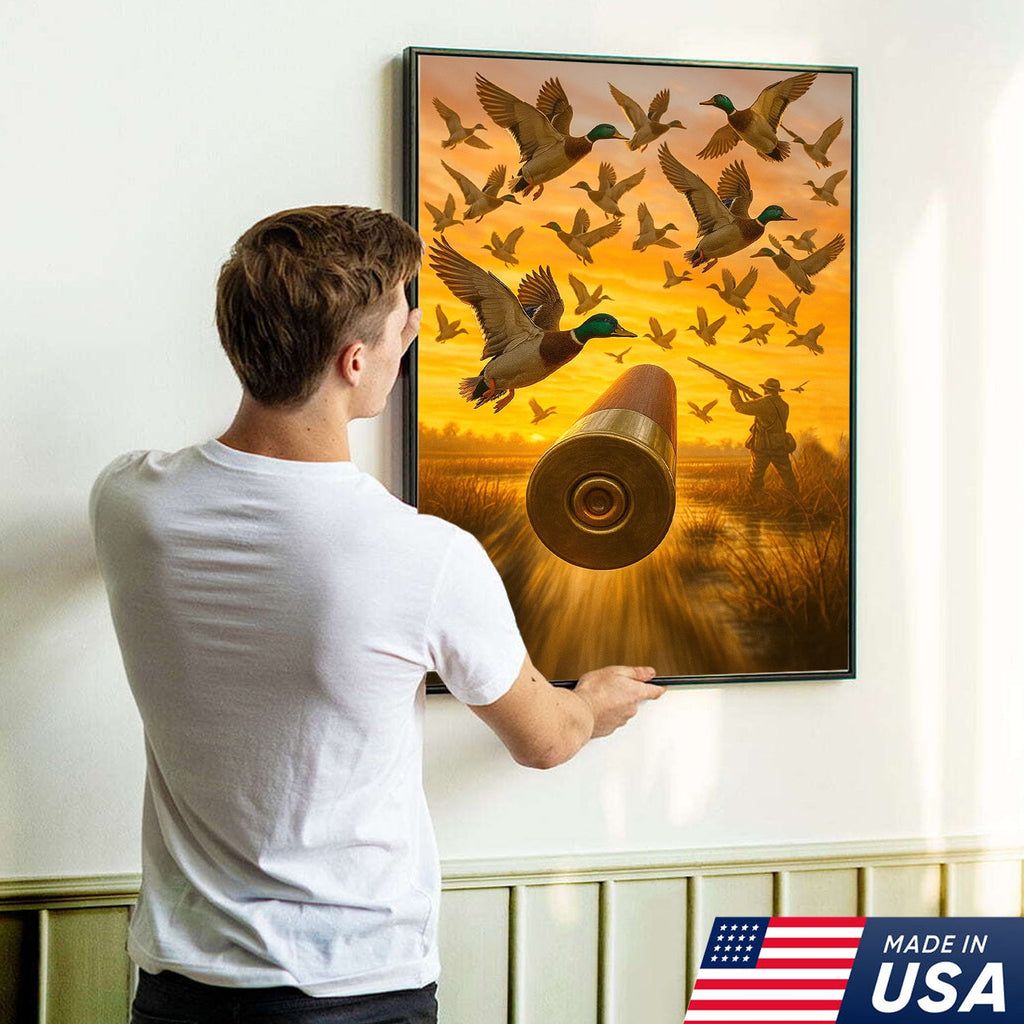 Duck Hunting Canvas Wall Art, Shotgun Shell and Flying Mallards Artwork, Rustic Cabin Decor for Hunters